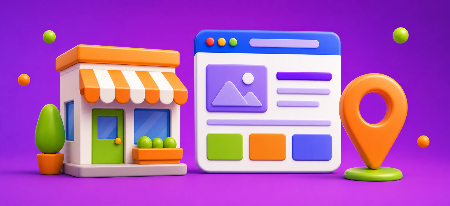 Illustration 3D d'un commerce local relié à son site internet et à sa présence géolocalisée