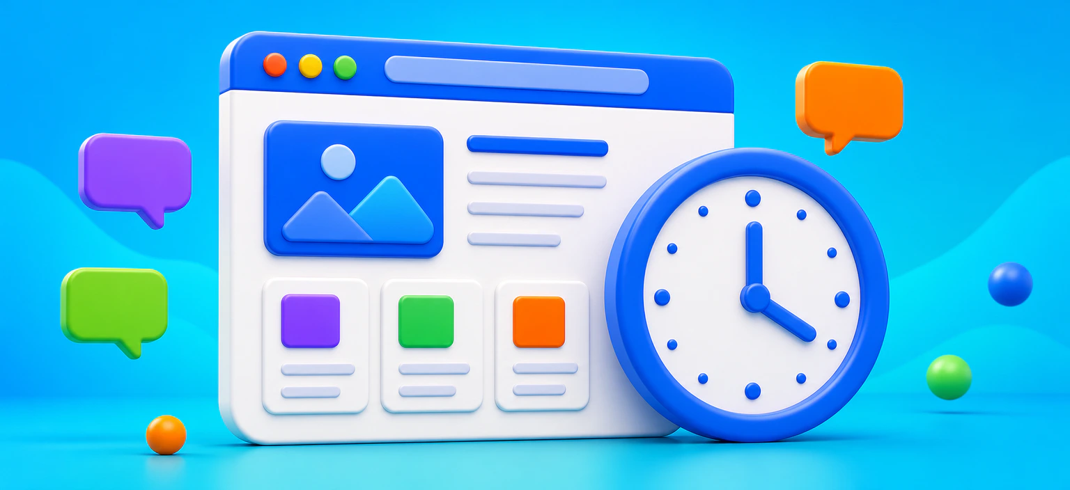 Illustration 3D d'un site internet actif en continu avec horloge et notifications