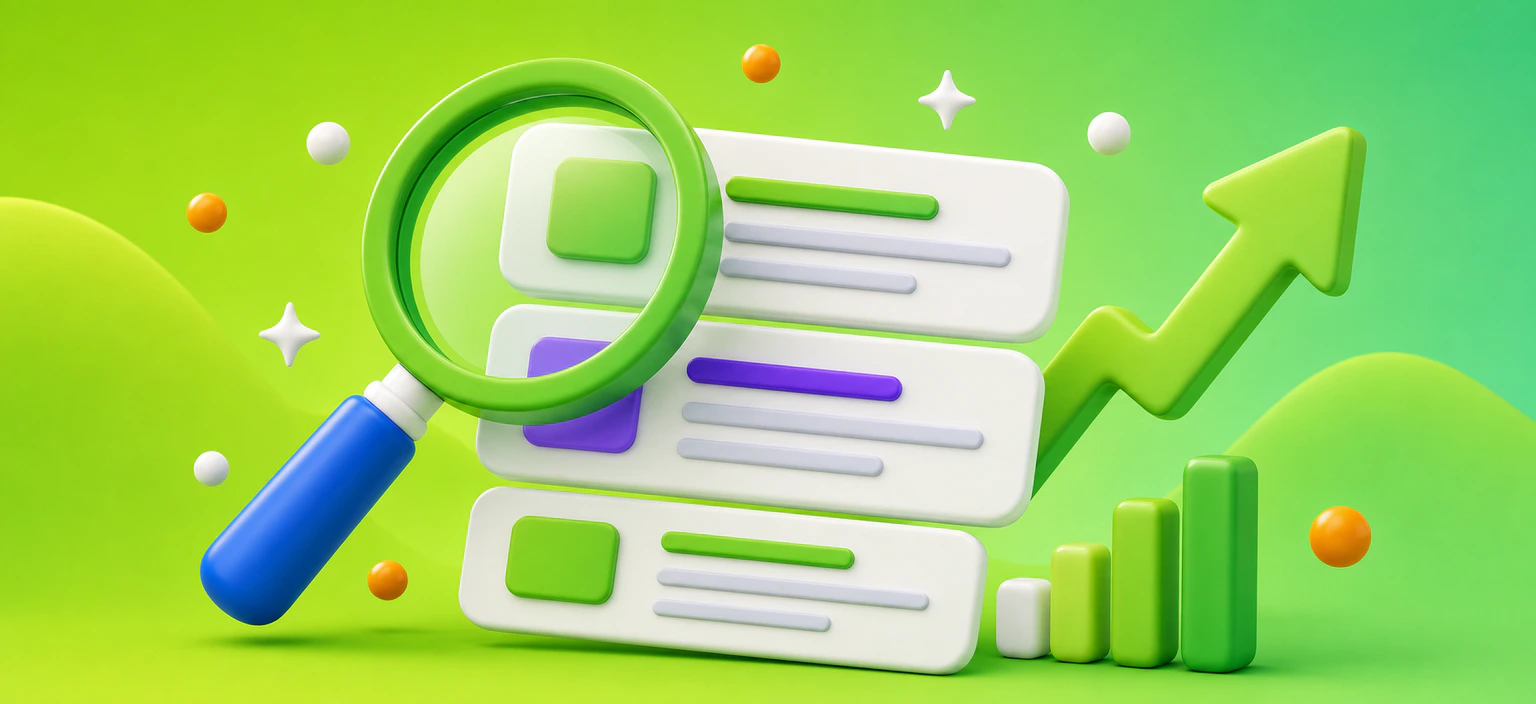 Illustration 3D du référencement avec loupe, résultats de recherche et courbe ascendante