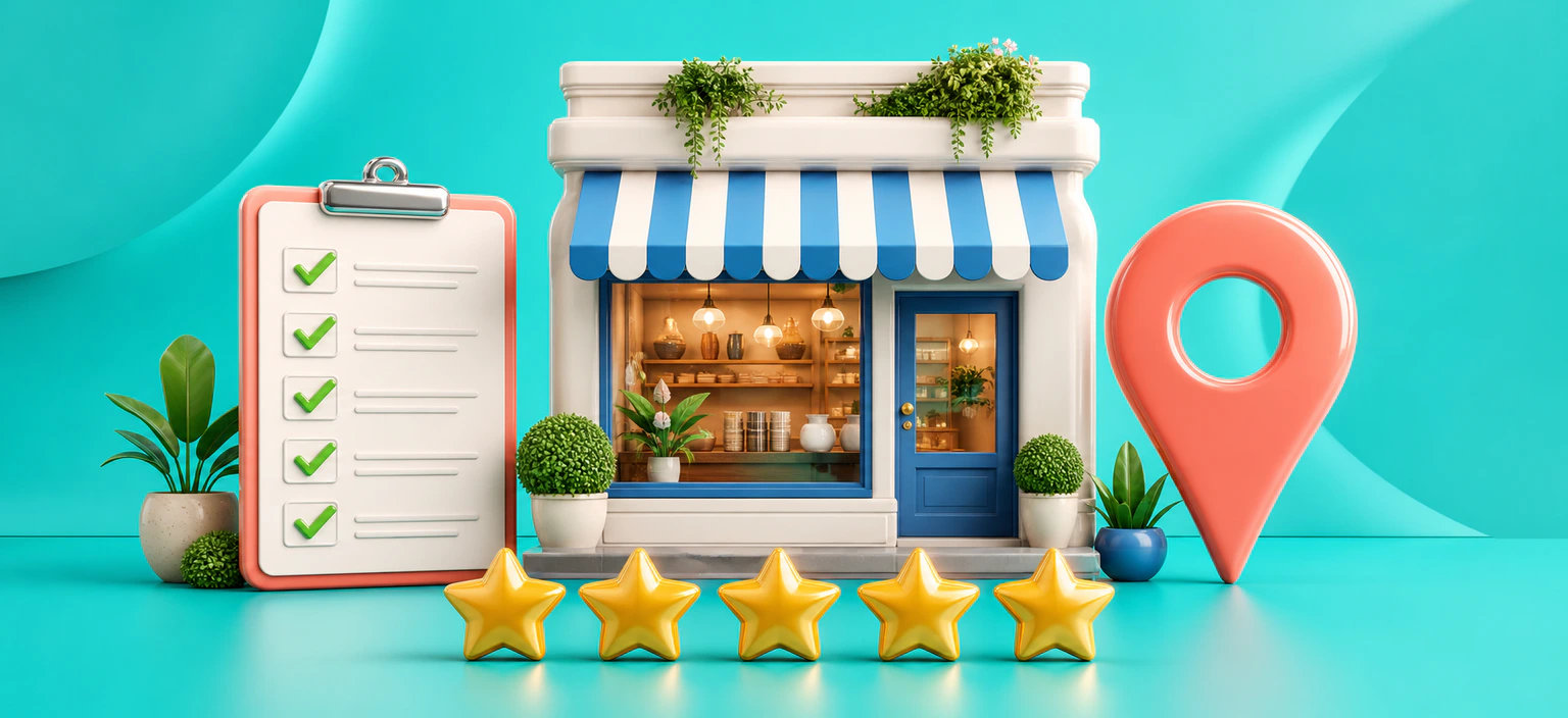 Illustration 3D d'une fiche locale complète avec commerce, checklist, avis et localisation