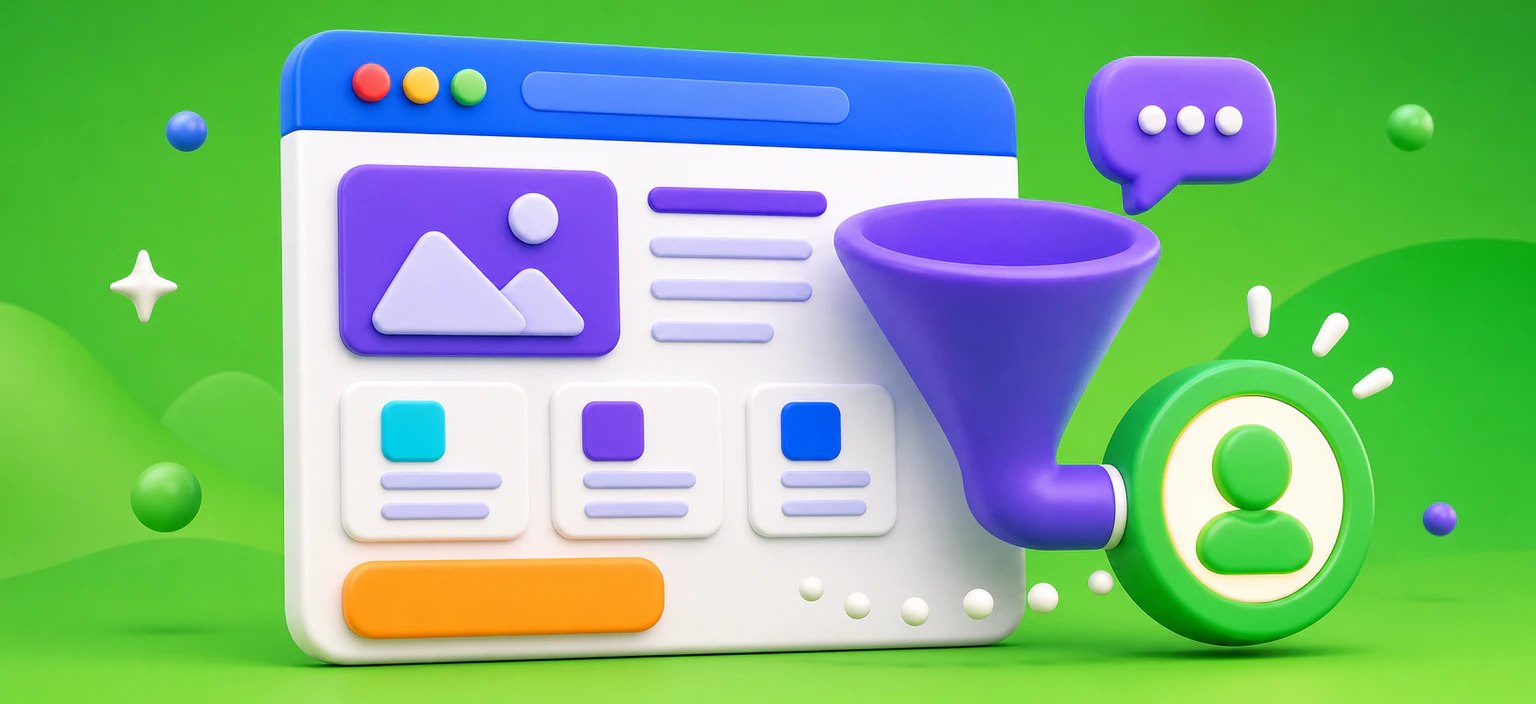 Illustration 3D d'un site vitrine transformant ses visiteurs en demandes de contact
