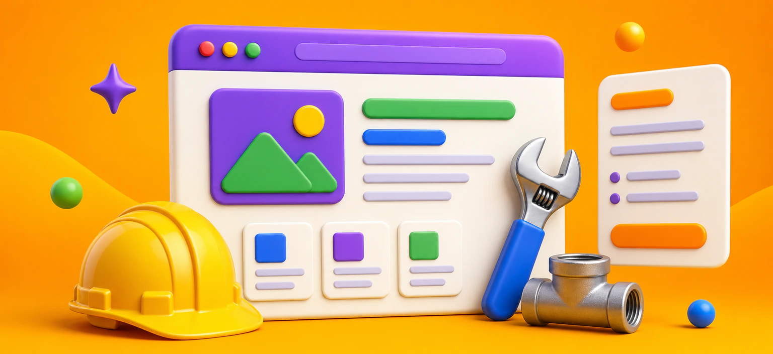 Illustration 3D d'un site internet pour artisan avec casque, outils et demandes de devis