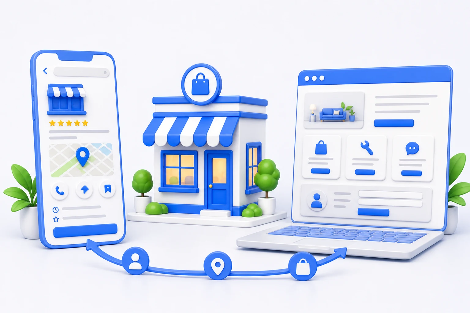 Illustration 3D d'une fiche locale sur smartphone reliée au site internet d'une entreprise