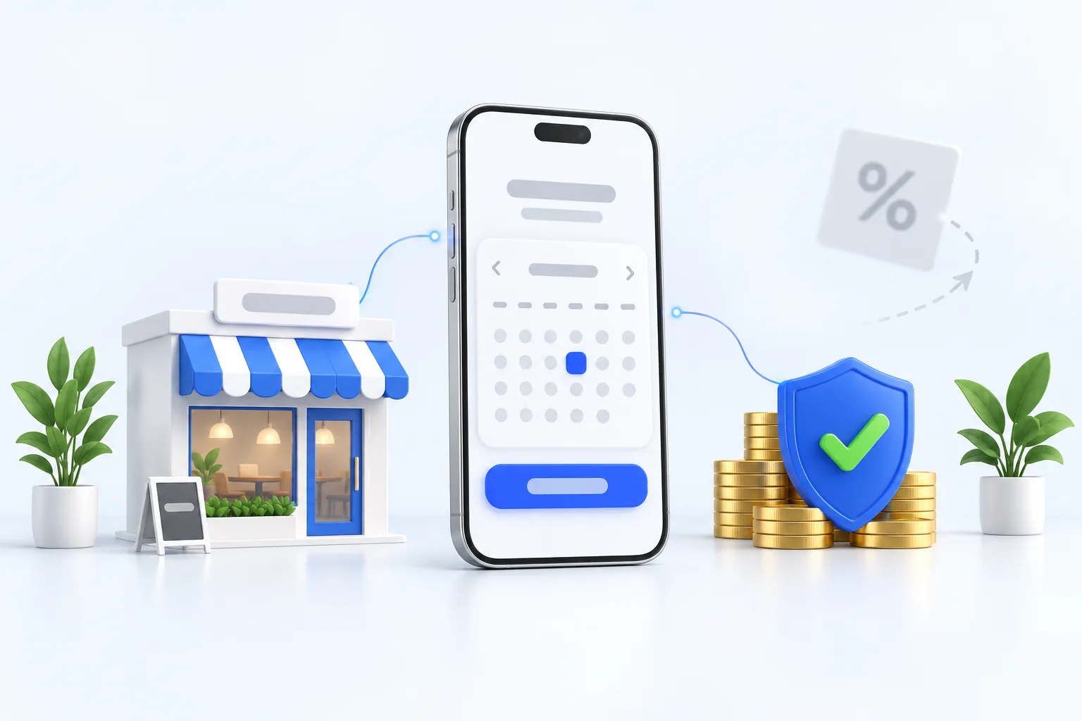 Illustration 3D d'un smartphone affichant un calendrier de réservation avec un créneau surligné en bleu et un bouton de confirmation, entre une façade de restaurant miniature et des piles de pièces protégées par un écusson bleu coché, tandis qu'une carte grise marquée d'un signe pourcentage s'éloigne