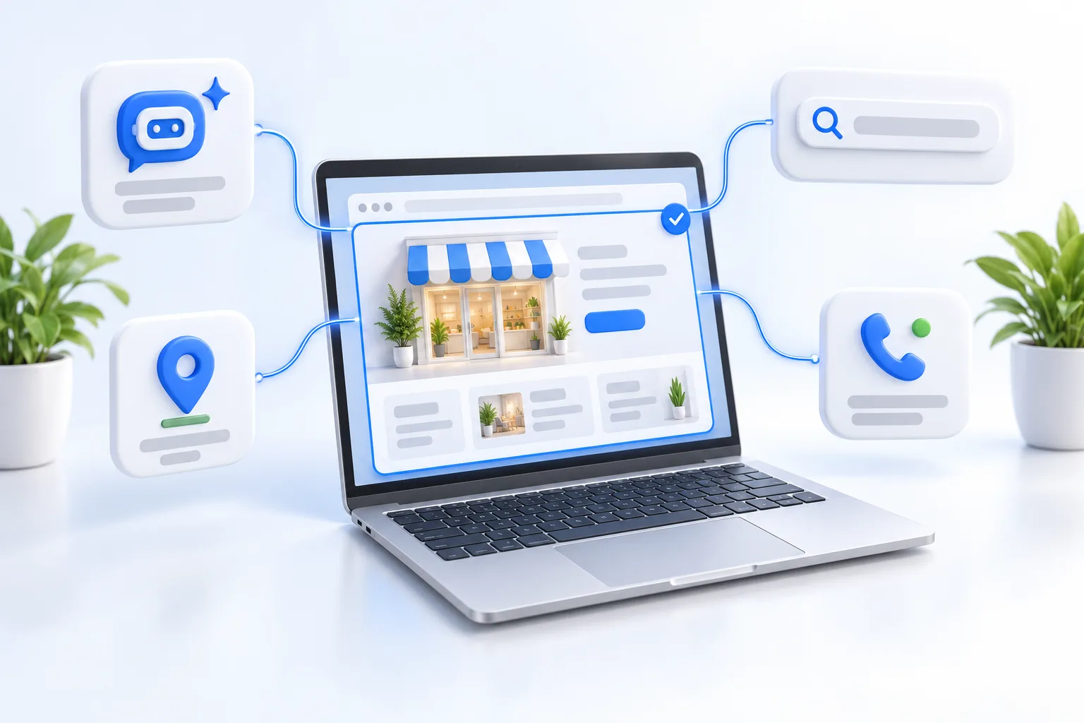 Illustration 3D d'un ordinateur portable affichant le site sobre d'une petite boutique, entouré d'un liseré bleu et d'un badge de validation, relié par de fines lignes bleues à une bulle de discussion d'IA, une barre de recherche, une épingle de carte et une icône d'appel