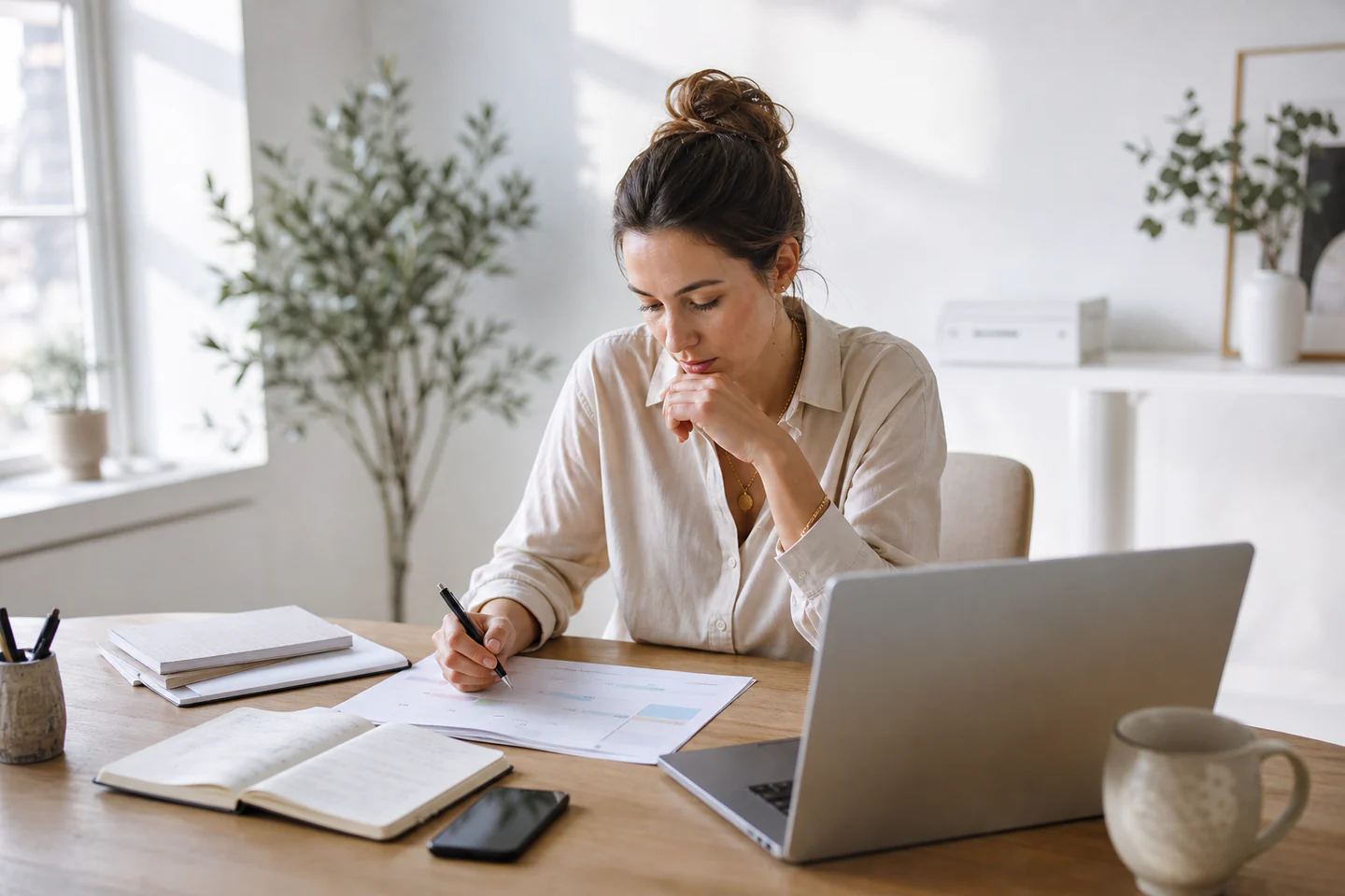 Une entrepreneuse organise son activit&eacute; entre ordinateur, carnet et documents de travail
