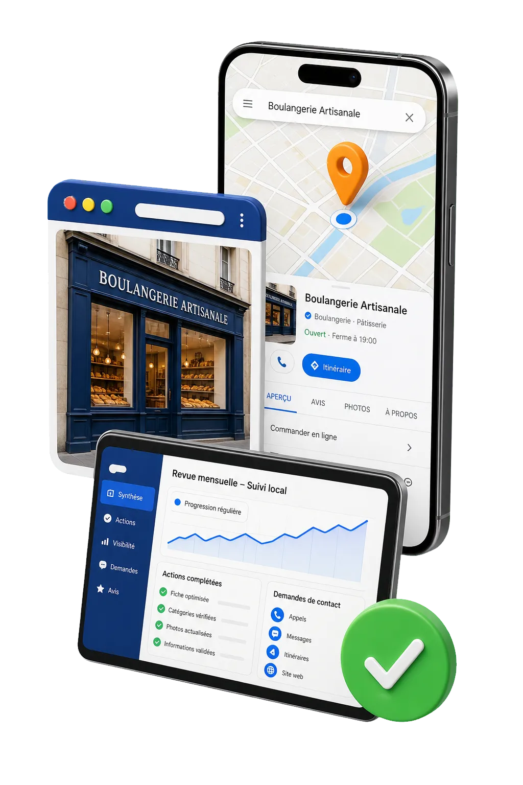 Suivi SEO local en fran&ccedil;ais avec fiche d'&eacute;tablissement, carte, actions r&eacute;alis&eacute;es et demandes de contact