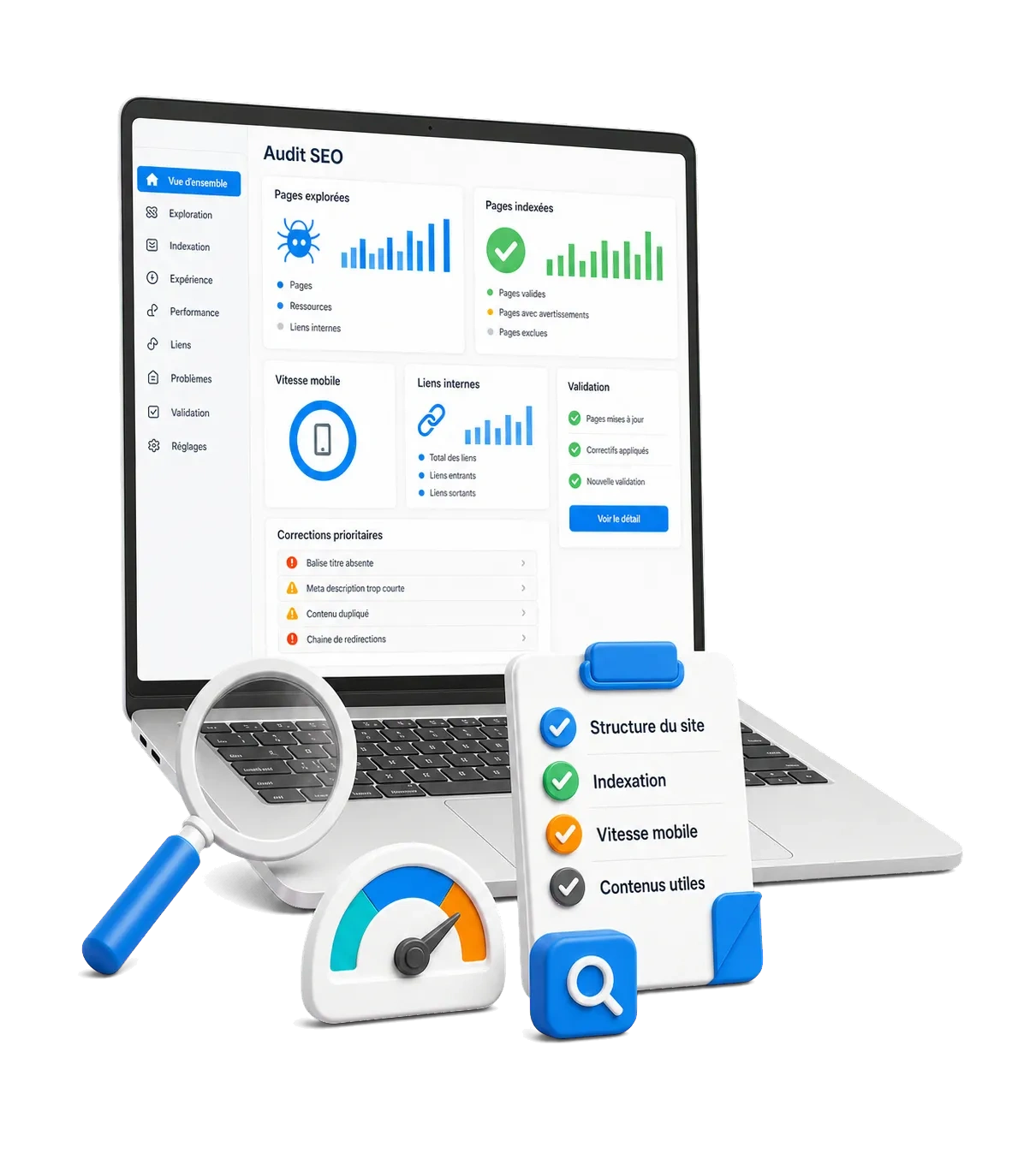 Diagnostic SEO sur une interface d'audit claire en fran&ccedil;ais, avec analyse de l'indexation, de la vitesse mobile et des corrections prioritaires