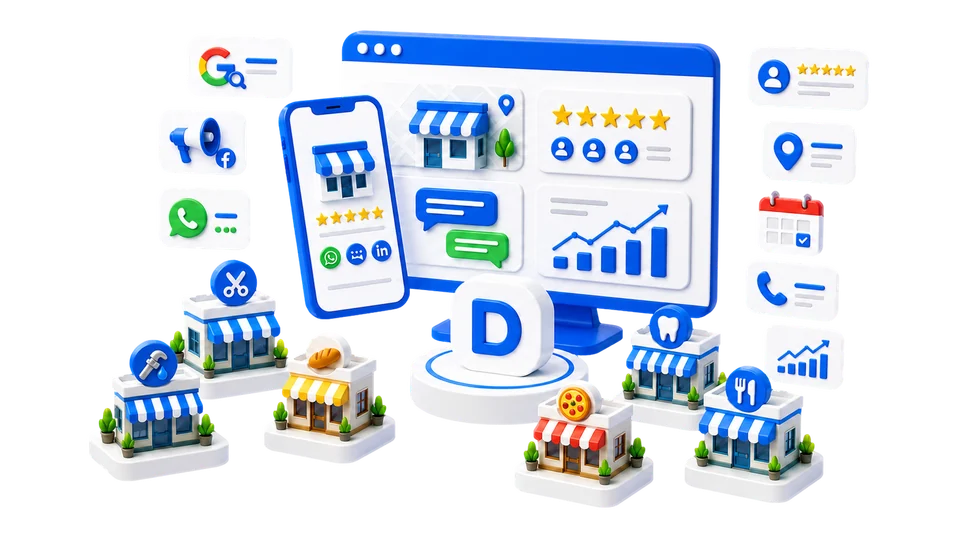 Illustration 3D des solutions Digipure avec site web, visibilit&eacute; locale, demandes clients et commerces connect&eacute;s.