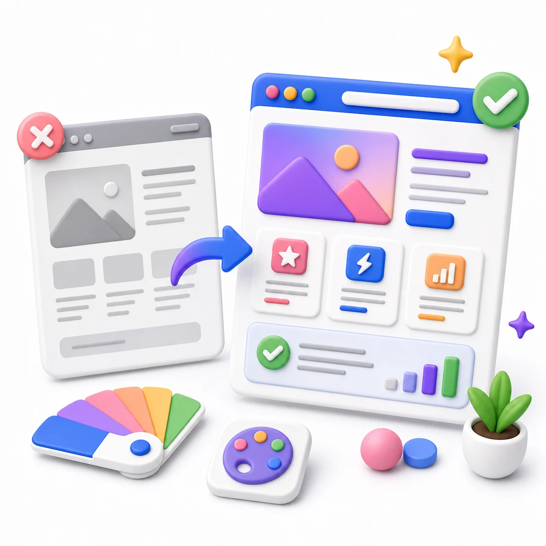 Illustration 3D d'une comparaison avant et apr&egrave;s une refonte de site