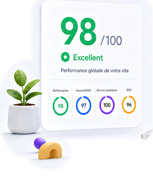 Score excellent de 98 sur 100 pour la performance globale du site