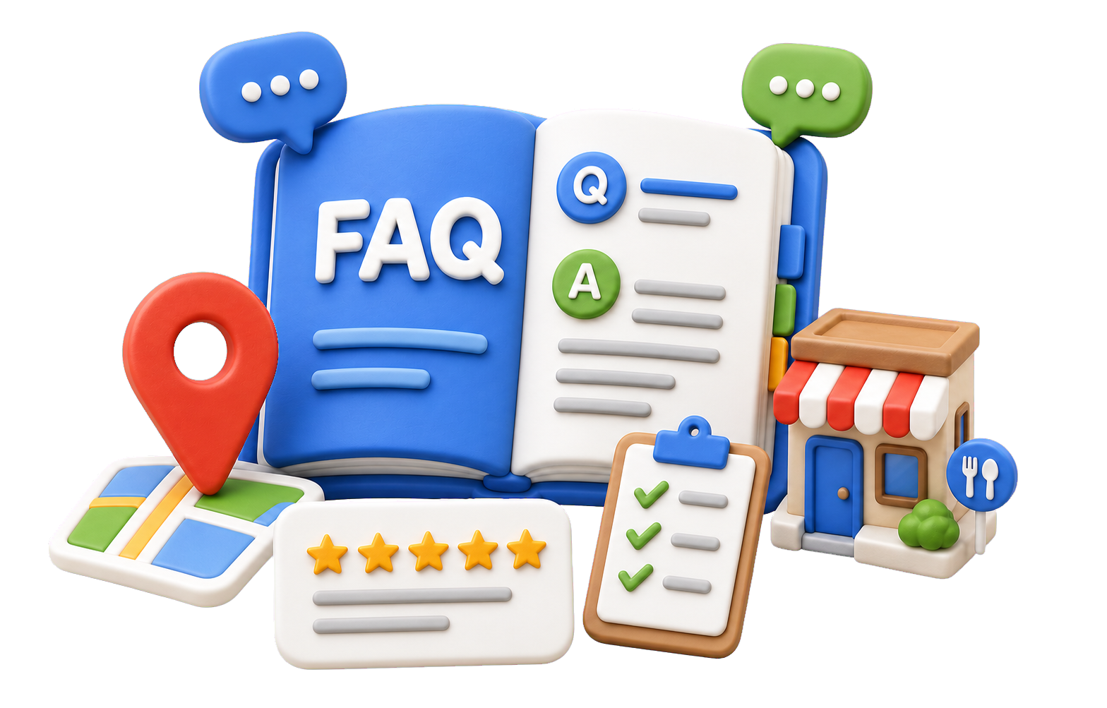 Illustration FAQ Google Business Profile avec carnet, carte et boutique locale.
