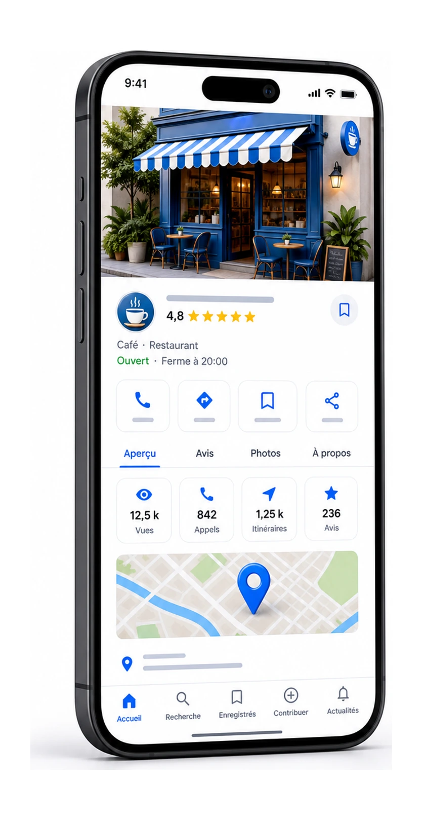 Fiche Google Business Profile optimis&eacute;e affich&eacute;e sur un smartphone.
