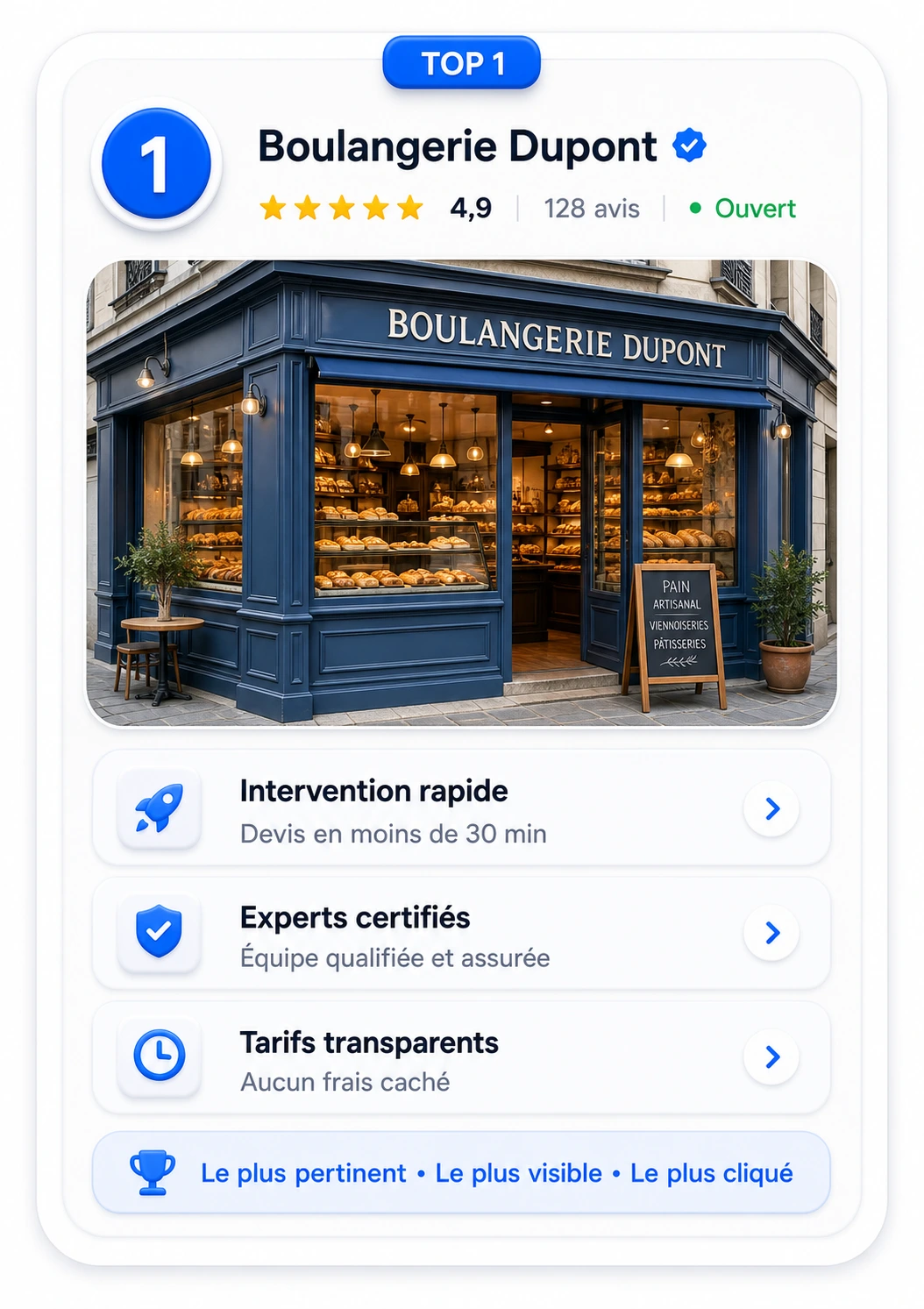 Fiche class&eacute;e n&deg;1 sur Google Maps avec badge Top 1.