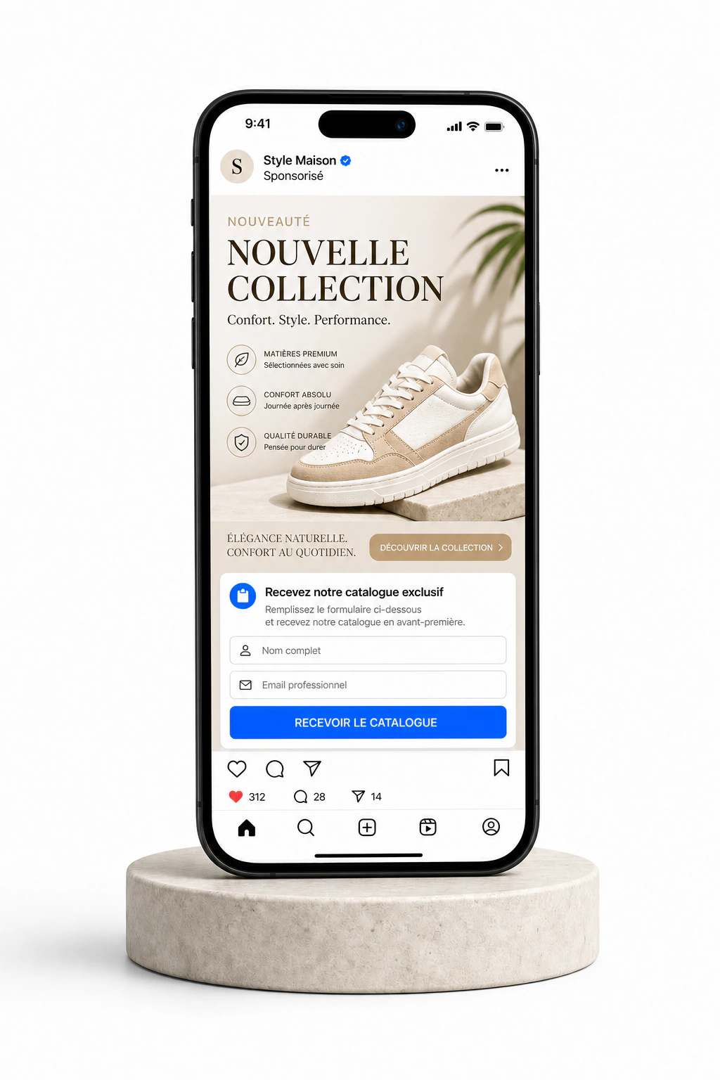 Smartphone avec une publicit&eacute; Meta optimis&eacute;e et un formulaire de lead.