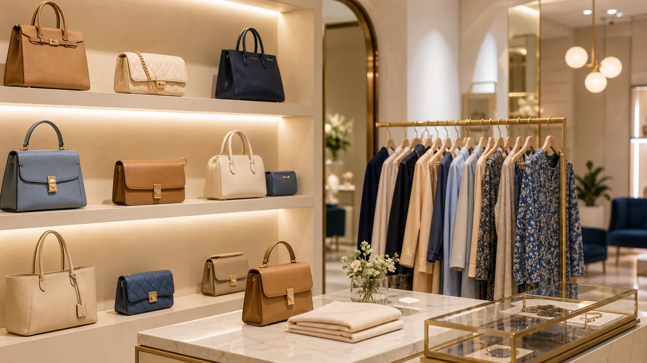Boutique de mode avec sacs et v&ecirc;tements premium.