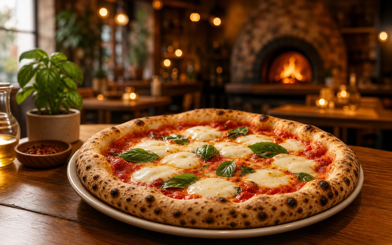 Pizza servie dans un restaurant chaleureux.