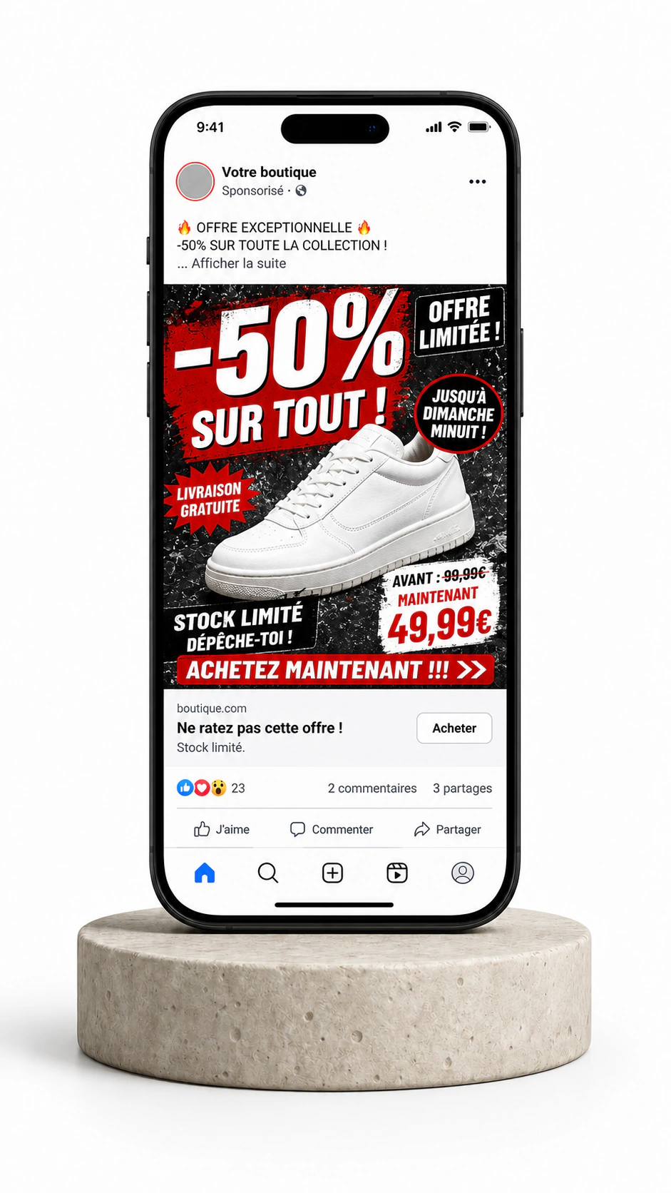 Smartphone avec une publicit&eacute; promotionnelle confuse avant optimisation.
