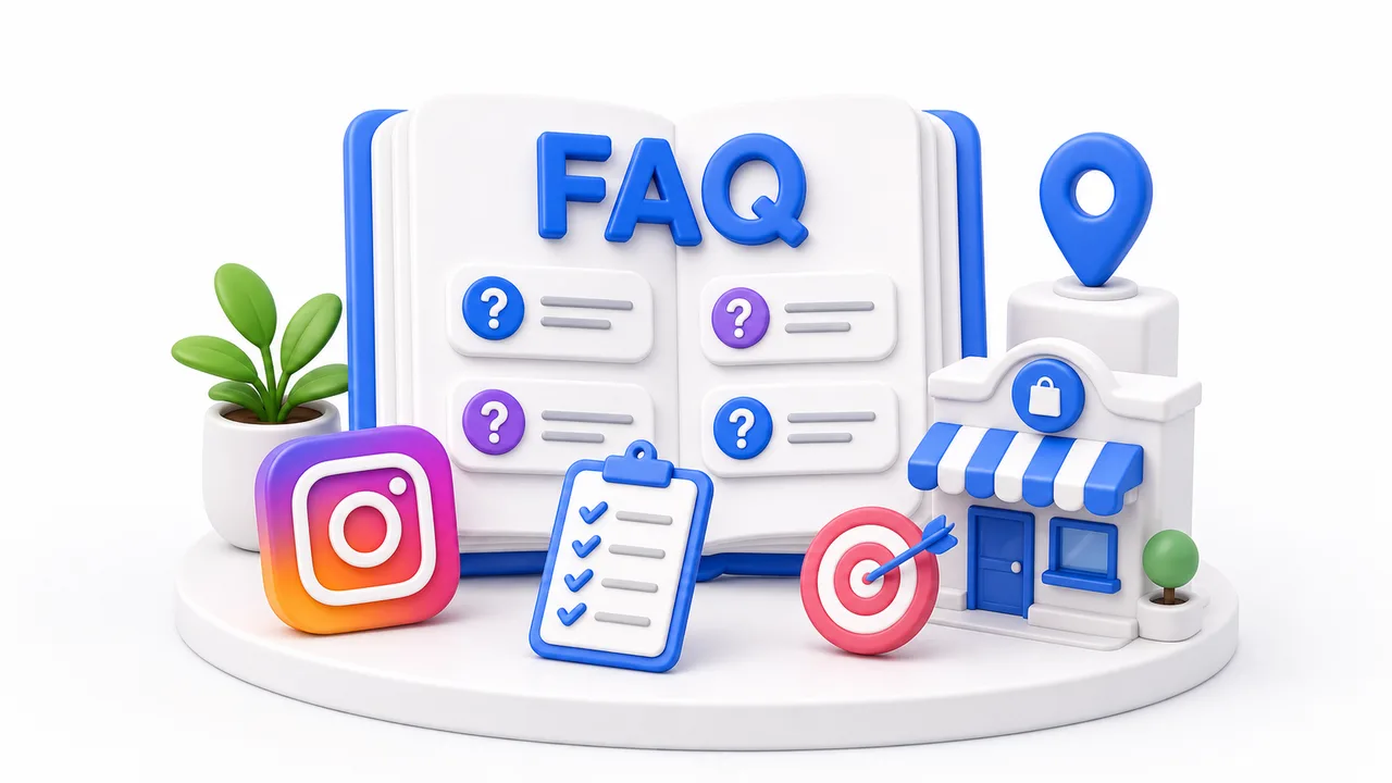 Illustration centrale FAQ Meta Ads avec carnet, checklist, boutique et ic&ocirc;ne Instagram.