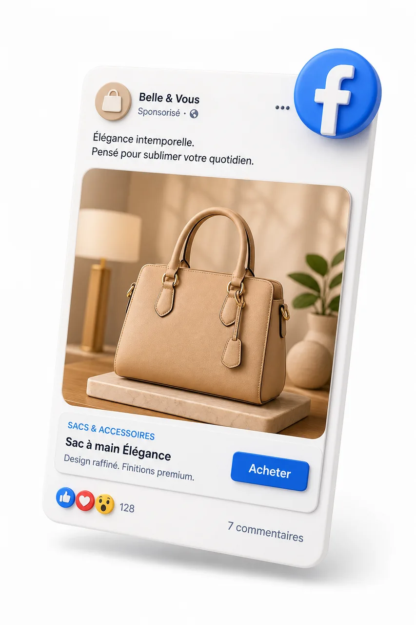 Carte publicitaire sociale produit avec sac et bouton d'achat.