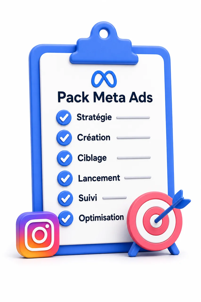 Clipboard Pack Meta Ads avec checklist strat&eacute;gie, cr&eacute;ation, ciblage et optimisation.