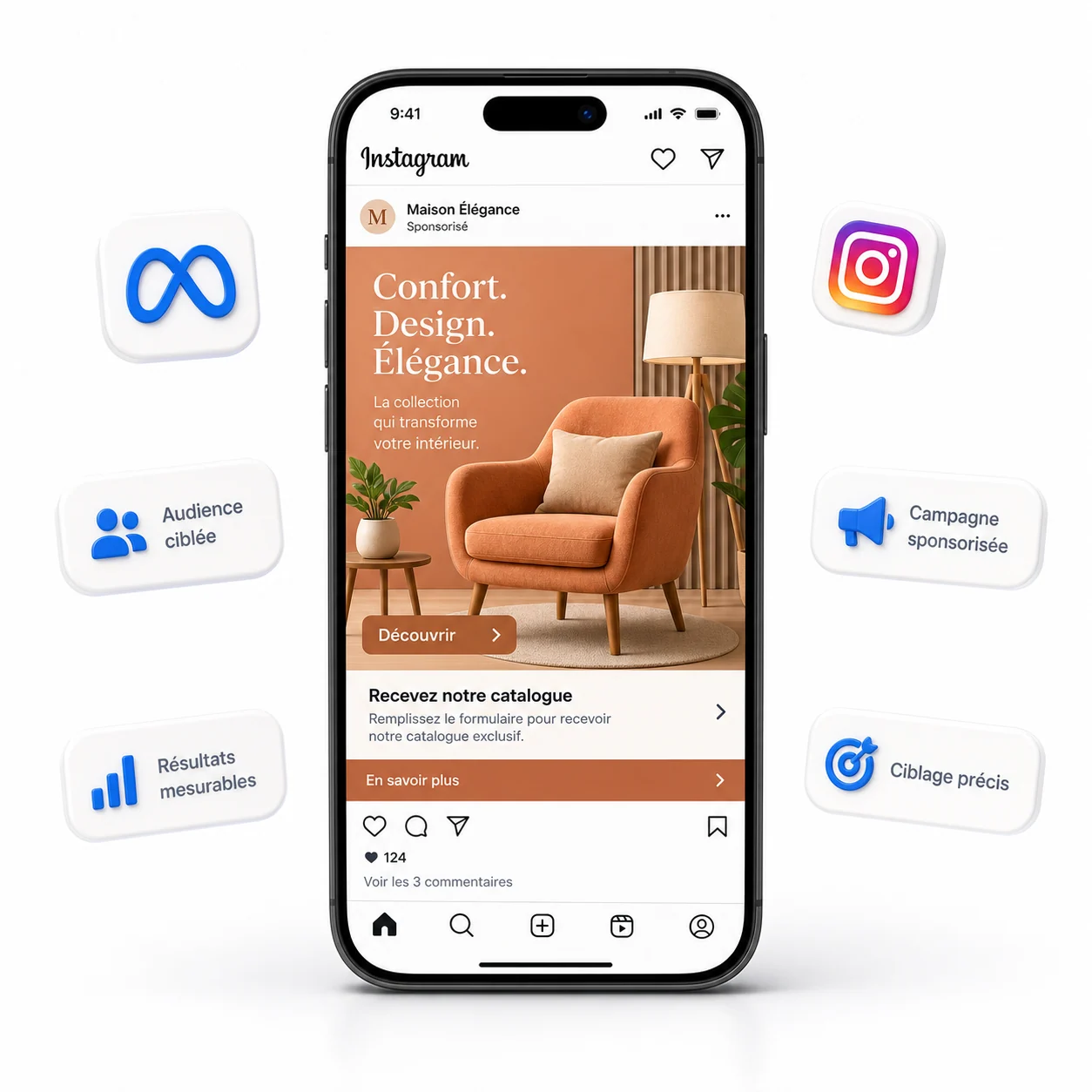Smartphone montrant une cr&eacute;ative Instagram Meta Ads.