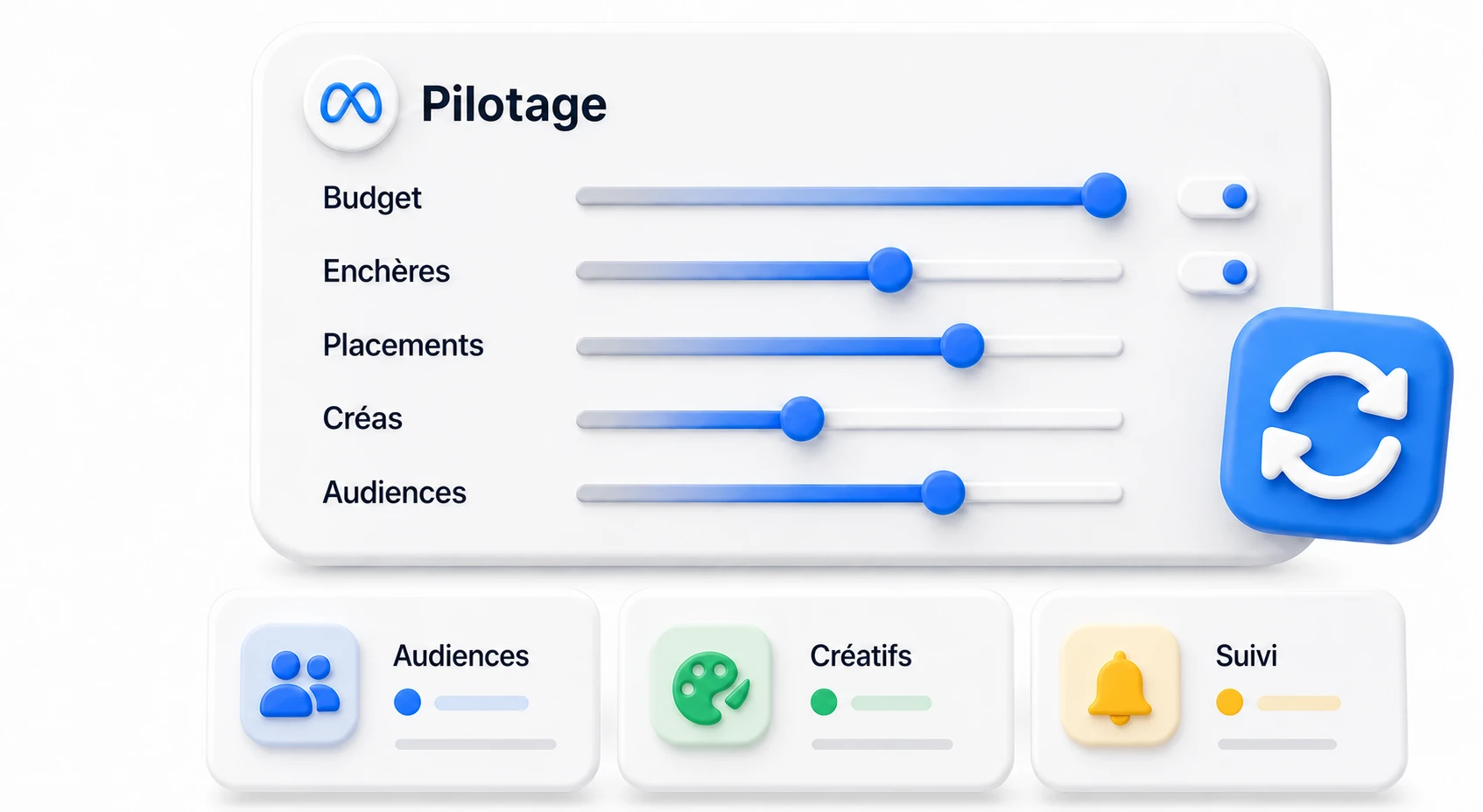Dashboard de pilotage Meta Ads avec r&eacute;glages, audiences, cr&eacute;atifs et suivi.