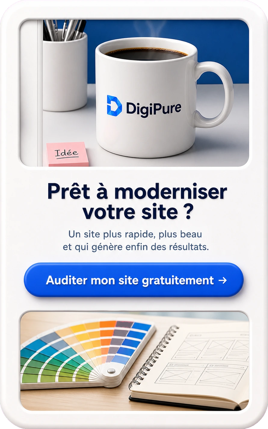 Pr&ecirc;t &agrave; moderniser votre site&nbsp;? Tasse de caf&eacute; DigiPure, nuancier et maquettes d'un site &agrave; refondre.