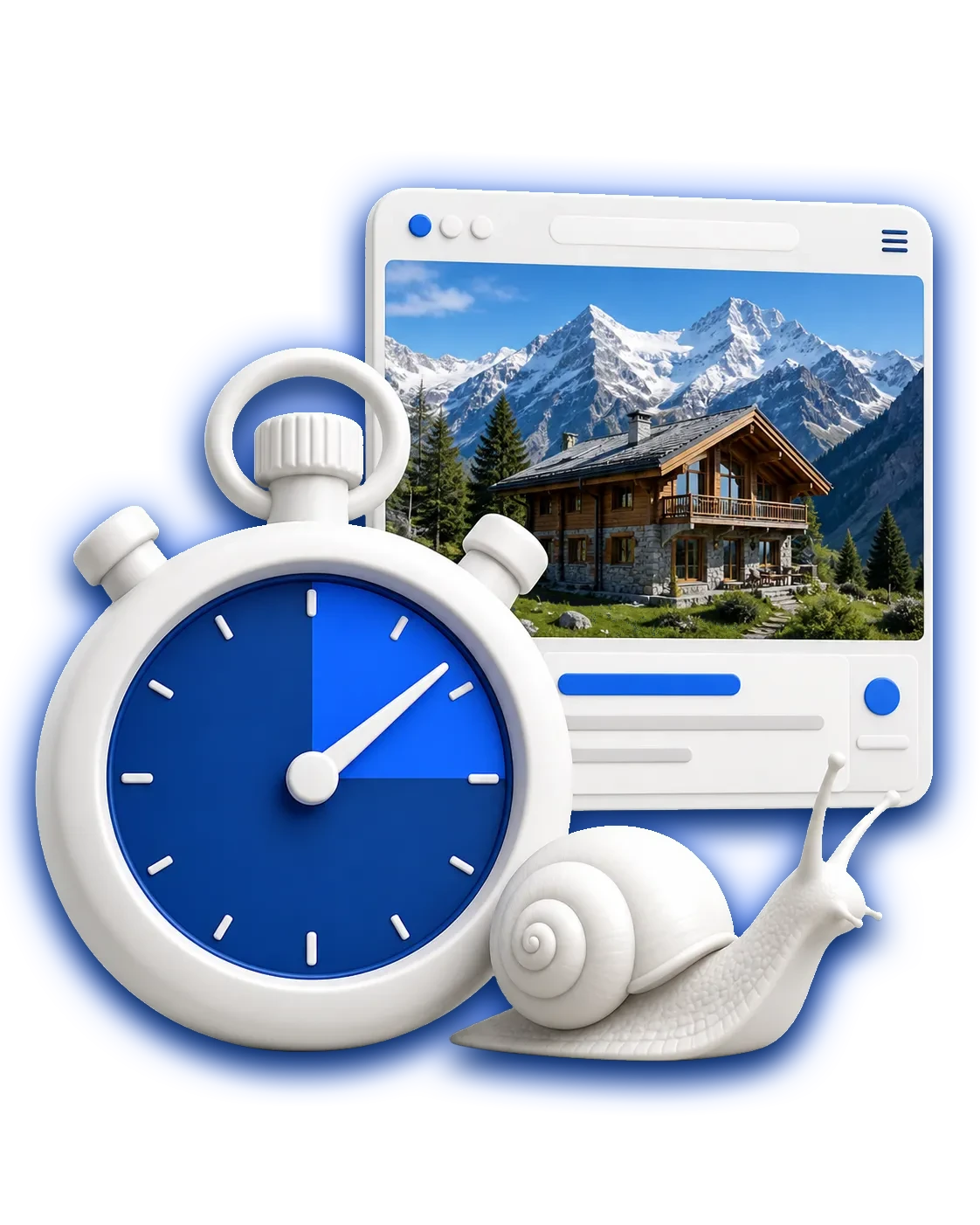 Chronom&egrave;tre, escargot et site de chalet illustrant une navigation trop lente