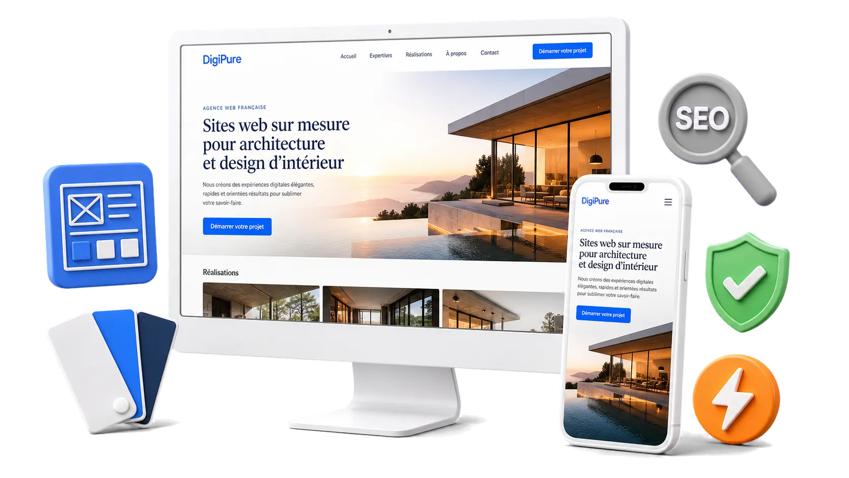 Site refondu affich&eacute; sur ordinateur et smartphone, avec rep&egrave;res de design, SEO, s&eacute;curit&eacute; et performance