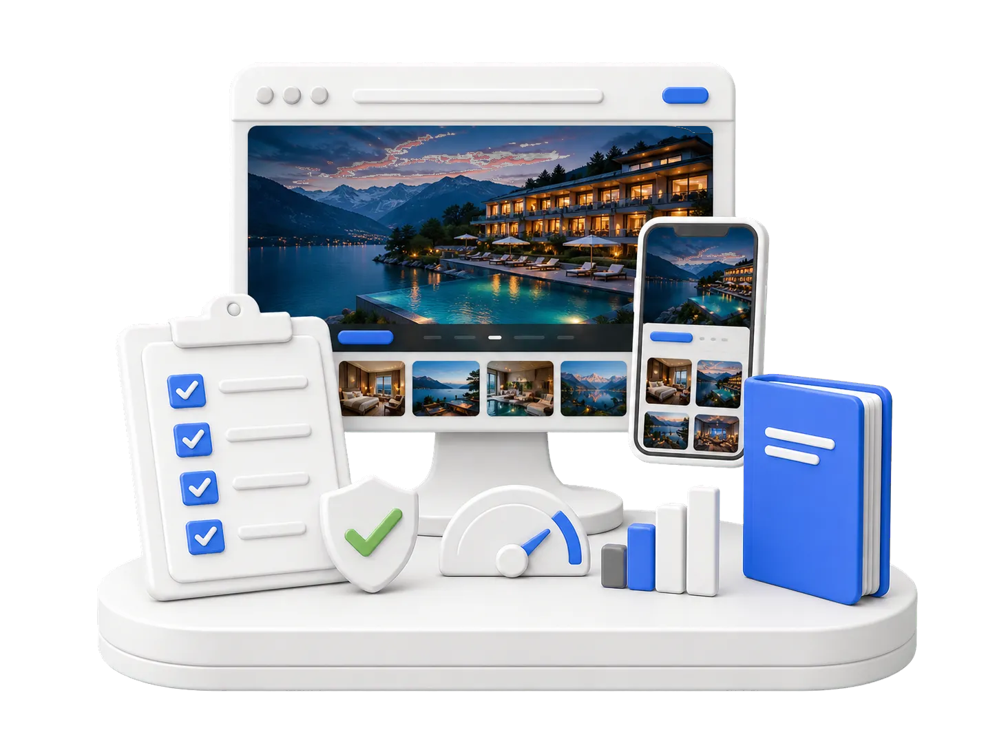 Poste de contr&ocirc;le clay avec site d'h&ocirc;tellerie photographique, checklist, validation, mesure et guide de prise en main