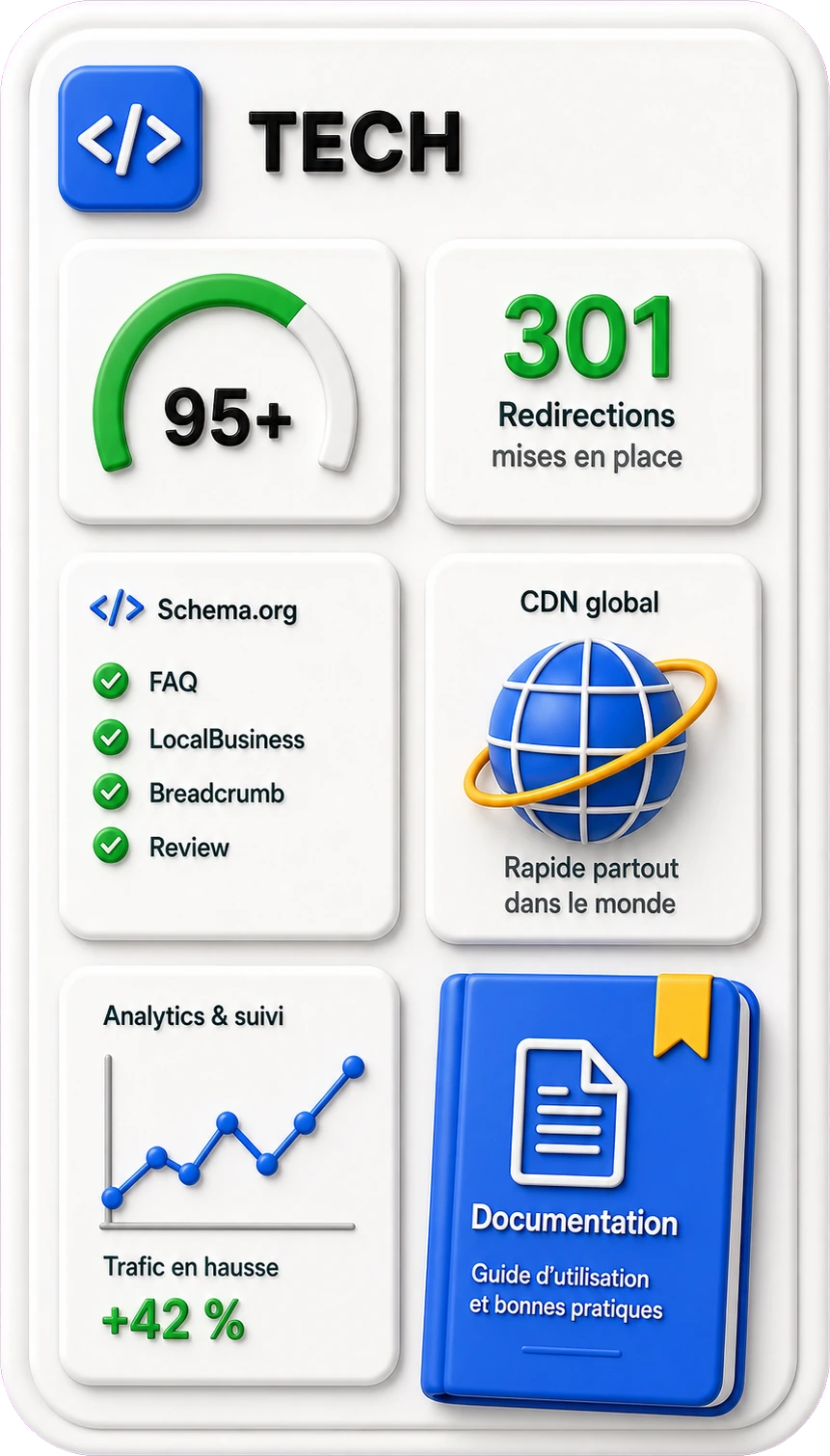 Volet TECH&nbsp;: score 95+, 301 redirections, Schema.org, CDN global, analytics +42&nbsp;%, documentation